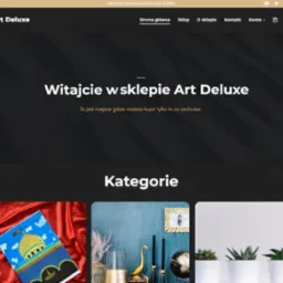 Strona główna sklepu internetowego Art Deluxe z widocznymi kategoriami produktów: obrazek z rysunkiem meczetu na czerwonym tle, dekoracje wnętrz oraz małe rośliny doniczkowe.