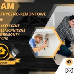 Ulotka reklamowa firmy ELGRAM świadczącej usługi elektryczno-remontowe, prezentująca instalacje elektryczne, teletechniczne, kompleksowe remonty i prace elewacyjne, z pracownikiem nakładającym...