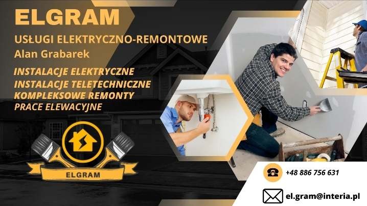Ulotka reklamowa firmy ELGRAM świadczącej usługi elektryczno-remontowe, prezentująca instalacje elektryczne, teletechniczne, kompleksowe remonty i prace elewacyjne, z pracownikiem nakładającym...