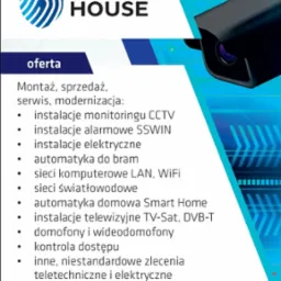Grafika reklamowa firmy Secur House, oferującej montaż, sprzedaż, serwis i modernizację systemów monitoringu CCTV, alarmowych SSWIN, elektrycznych, automatyki do bram, sieci komputerowych LAN/WiFi,...