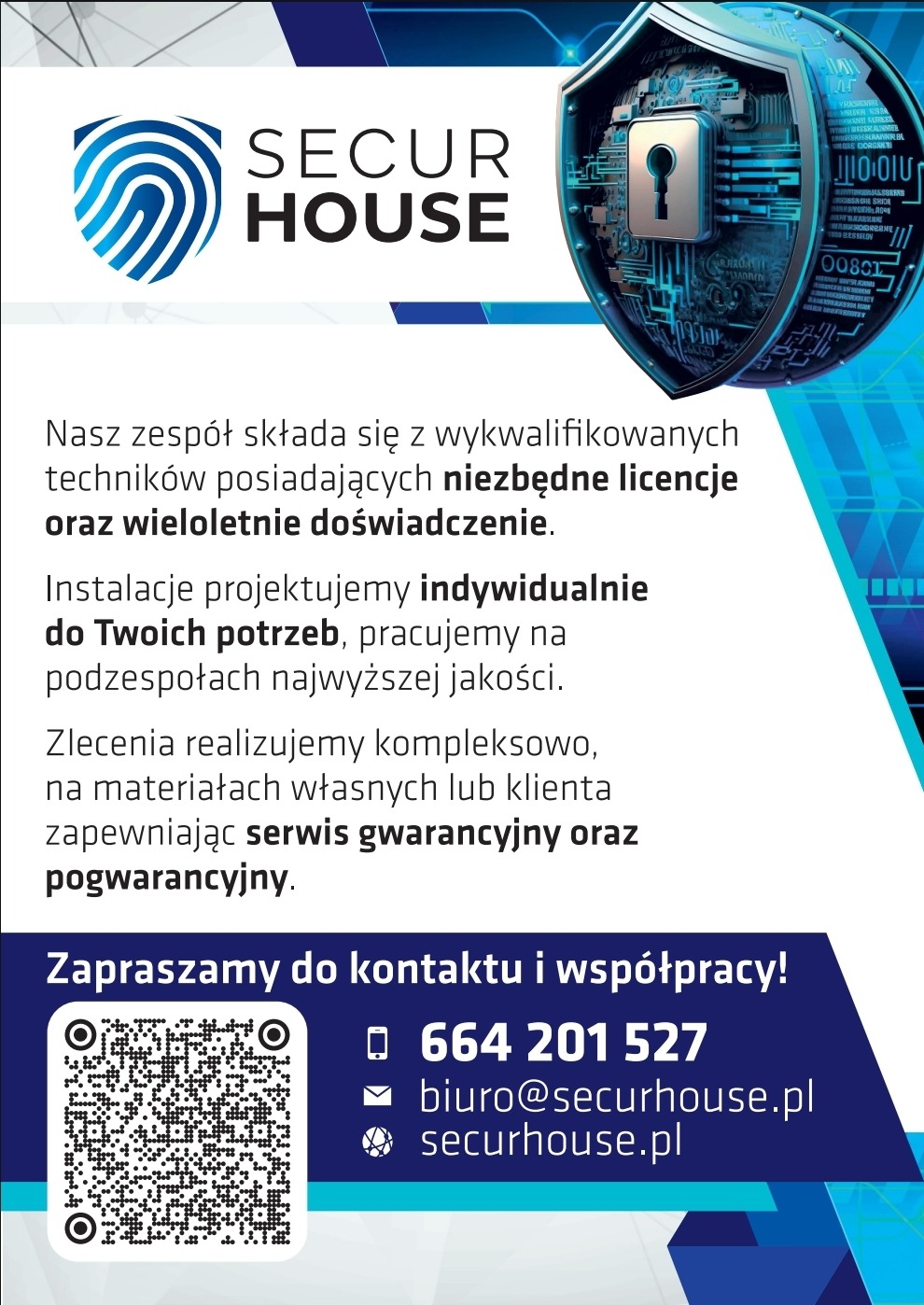 Plakat reklamowy firmy Secur House oferującej instalacje zabezpieczeń, z logo w kształcie odcisku palca i stylizowaną tarczą z zamkiem na tle obwodów elektronicznych, informacją o wykwalifikowanych...