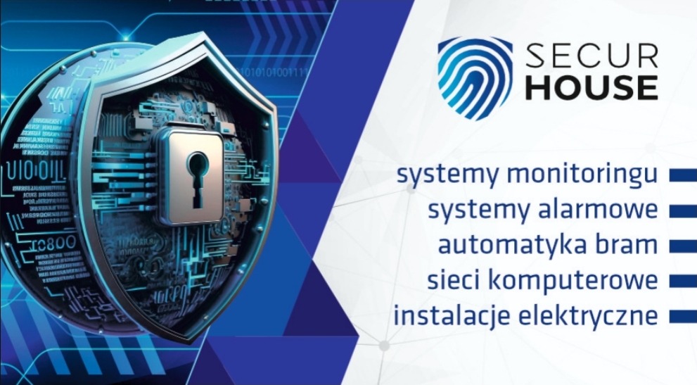 Grafika reklamowa firmy Secur House prezentująca logo, stylizowany na tarczę z obwodem elektronicznym i kłódką, oraz listę usług: systemy monitoringu, systemy alarmowe, automatyka bram, sieci...