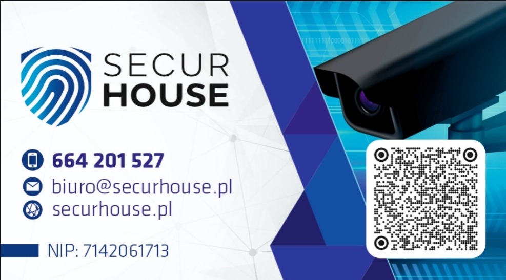 Wizytówka firmy Secur House z logo odcisku palca, numerem telefonu, adresem e-mail, stroną internetową, NIP-em oraz czarną kamerą monitoringu i kodem QR na niebiesko-białym tle.