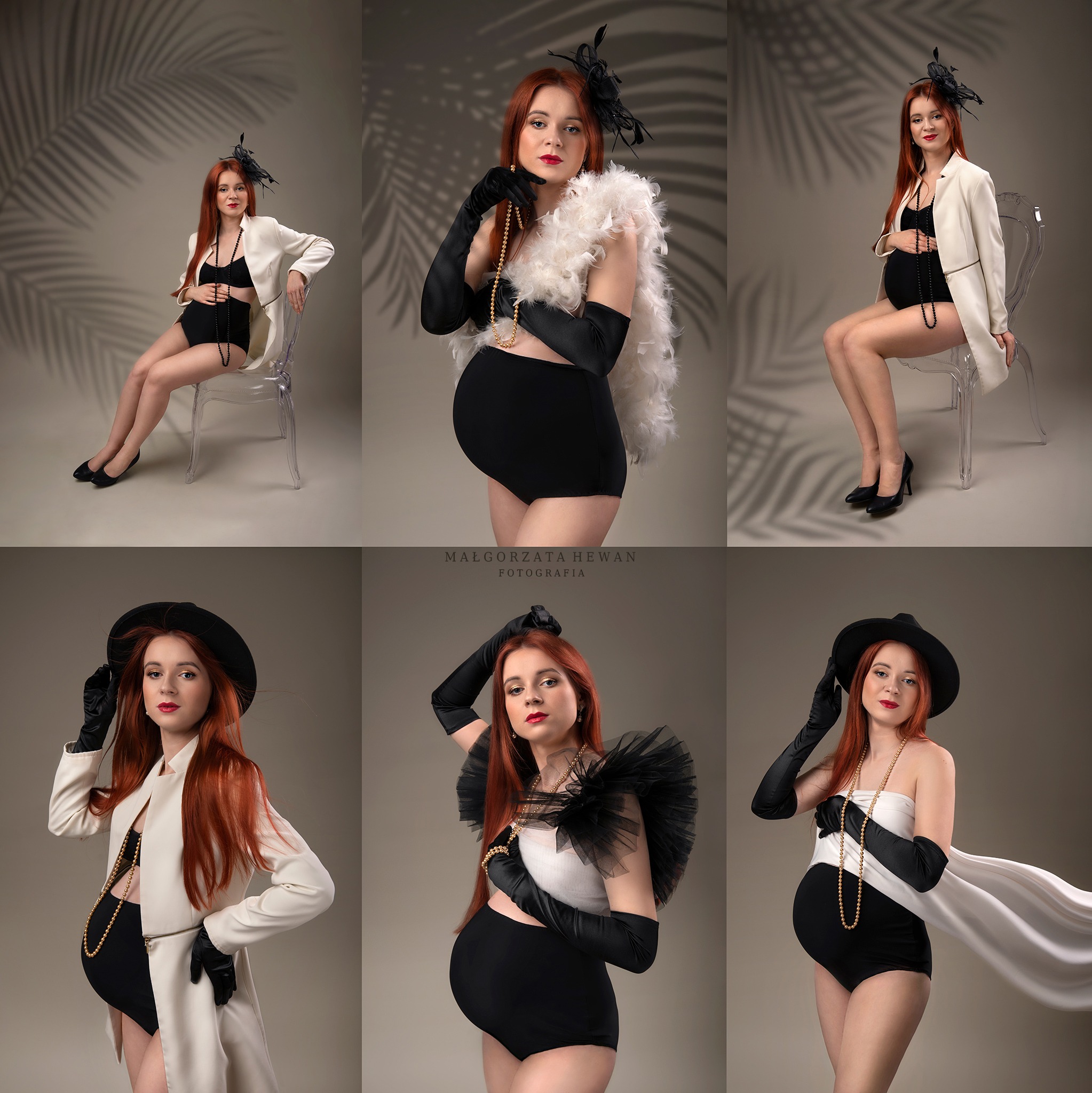 Kolaż sześciu zdjęć kobiety w ciąży, pozującej w różnych stylizacjach retro: kapelusze, boa z piór, długie rękawiczki, biżuteria, eleganckie marynarki i sukienki, na neutralnym tle z cieniem liści...