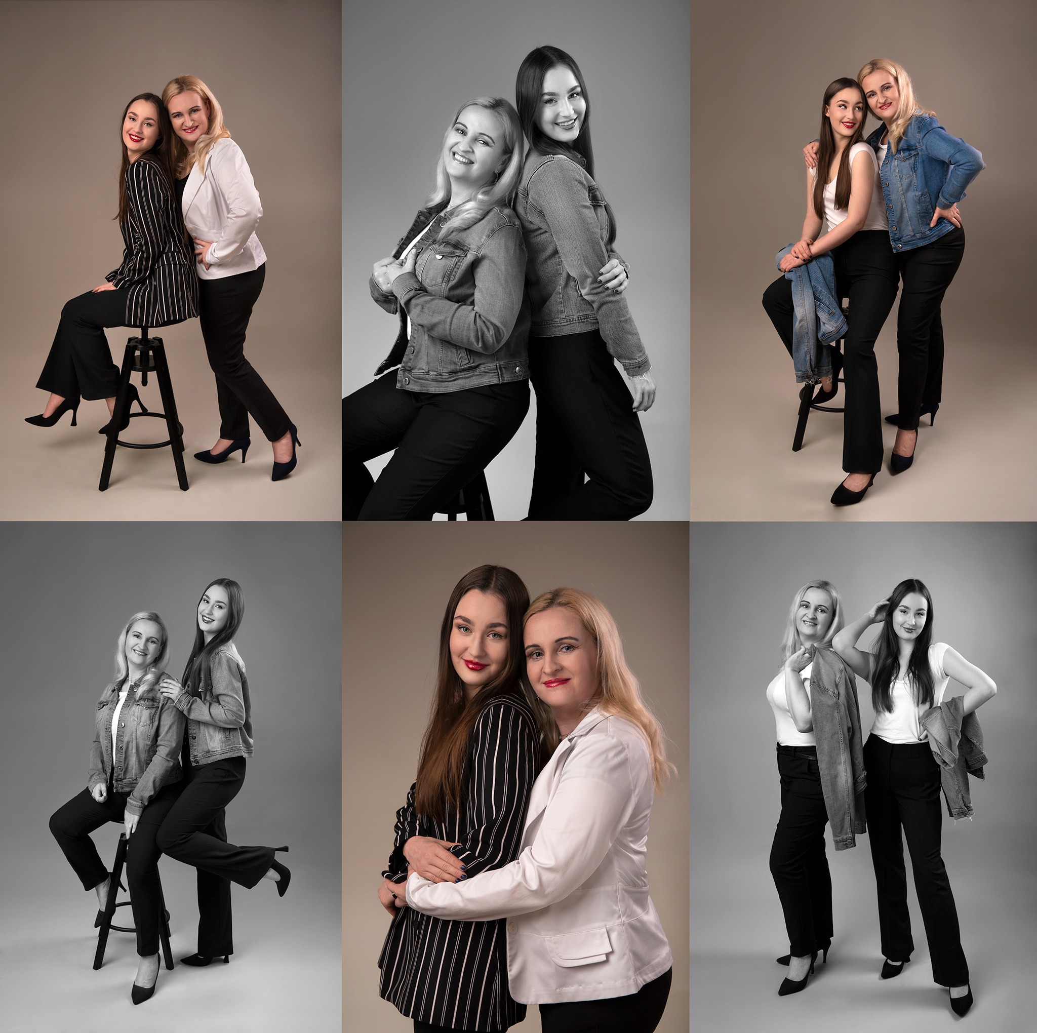 Kolaż sześciu portretów dwóch kobiet w różnych stylizacjach, obejmujący ujęcia kolorowe i czarno-białe, na jednolitym tle.