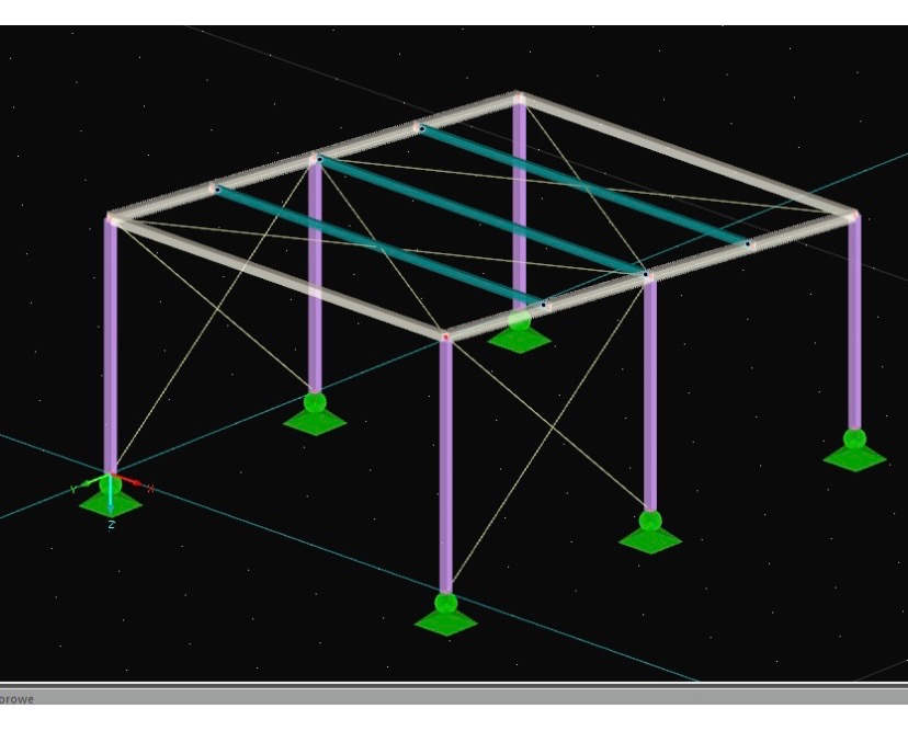 Wizualizacja 3D konstrukcji stalowej hali z fioletowymi słupami, zielonymi podstawami i niebieskimi belkami poprzecznymi na czarnym tle.