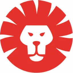 Czerwony, uproszczony symbol lwa z geometrycznymi kształtami, przypominający logo firmy.