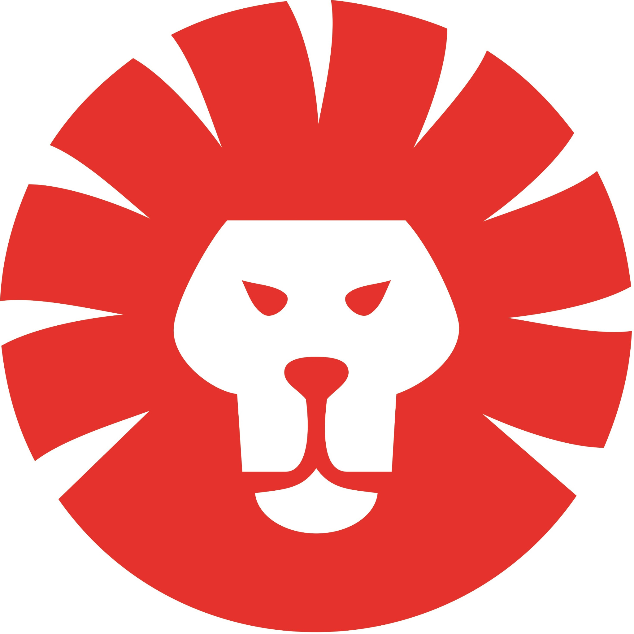Czerwony, uproszczony symbol lwa z geometrycznymi kształtami, przypominający logo firmy.