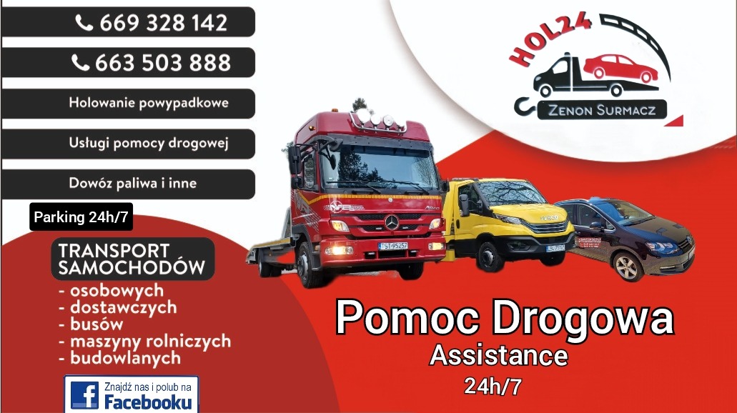 Pomoc drogowa 24h/7 Aleksandrów: laweta, bus i samochody osobowe. Czerwona laweta z przodu, żółty bus i ciemny samochód osobowy z boku. Usługi transportu samochodów.