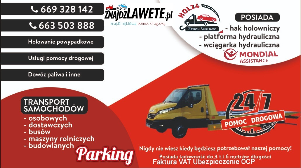 Żółta laweta na grafice reklamowej z numerami telefonów, logo firmy i informacjami o usługach, w tym holowaniu, dowozie paliwa i transporcie samochodów osobowych, dostawczych, busów, maszyn...