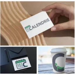 Wizualizacja logo Calendrie: wizytówka trzymana w dłoni na tle drewnianej konstrukcji, karta z logo obok czarnej koperty i pióra, kubek z logo na drewnianym stole.