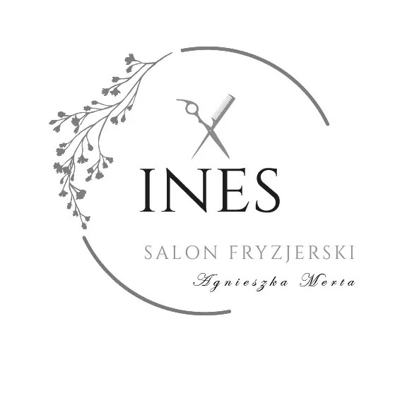 Eleganckie logo salonu fryzjerskiego Ines w odcieniach szarości, przedstawiające nożyczki i grzebień skrzyżowane nad nazwą salonu, otoczone delikatną gałązką i fragmentem okręgu.