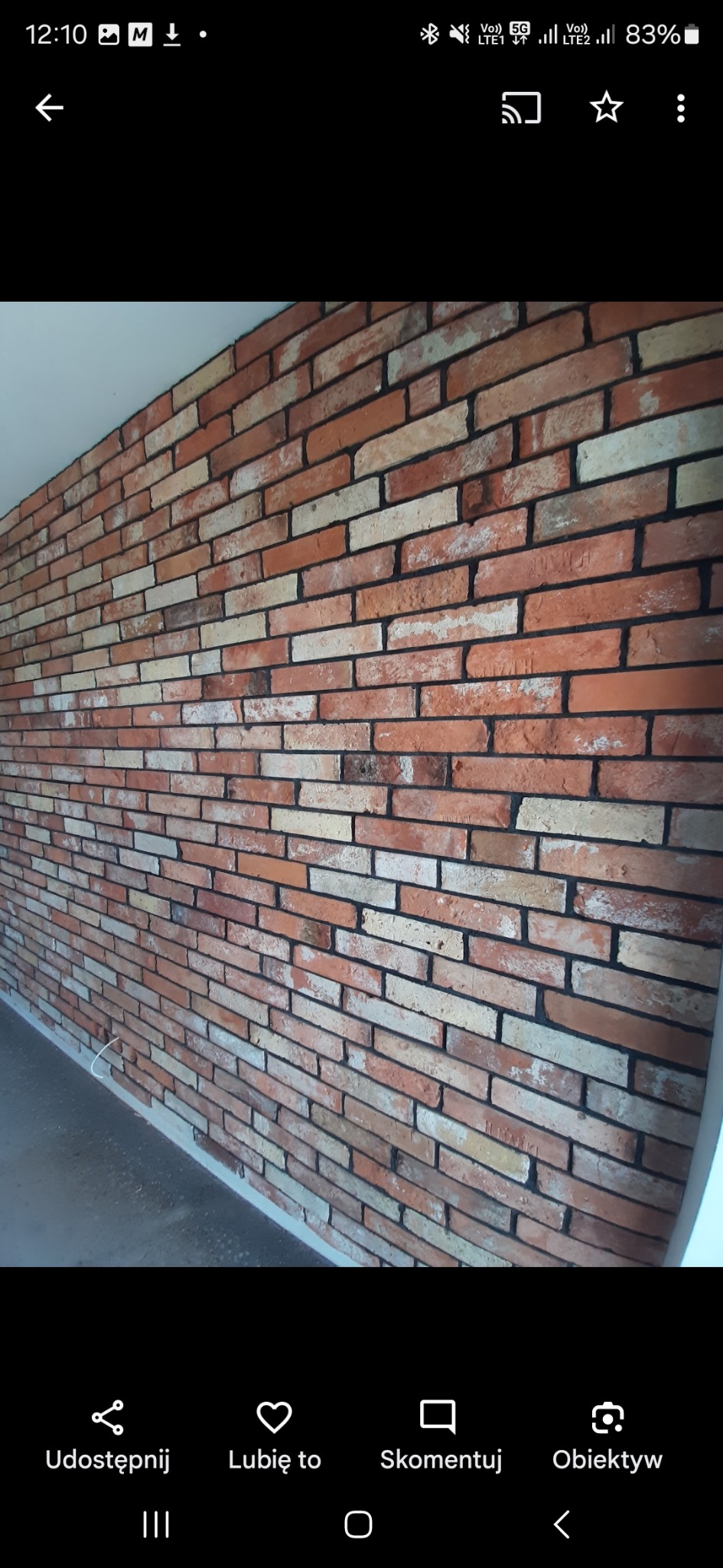 Ściana z dekoracyjnej cegły w odcieniach czerwieni i beżu, z widoczną fugą w ciemnym kolorze. Efektowna aranżacja wnętrza z użyciem cegły dekoracyjnej.