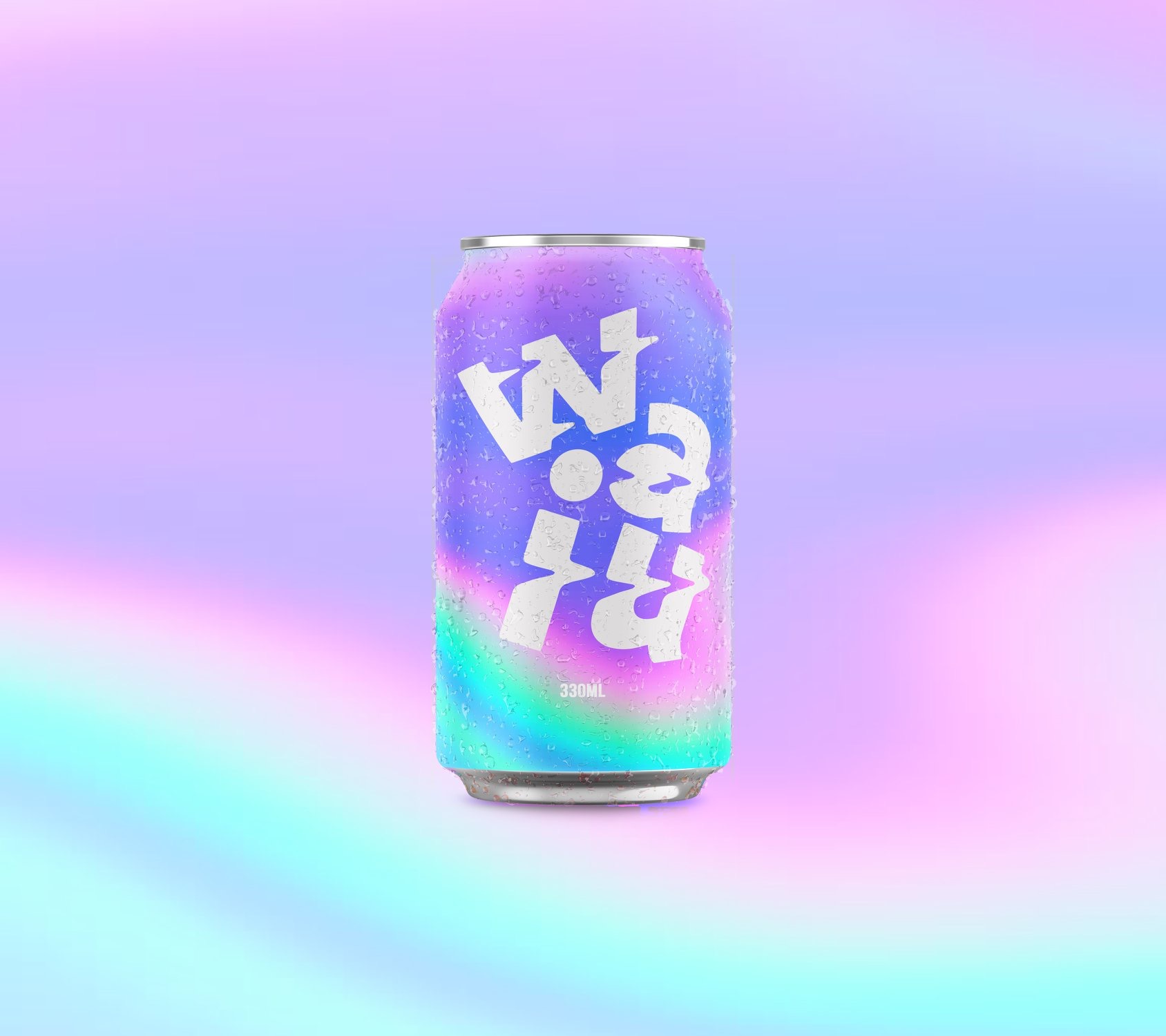Puszka napoju z holograficznym gradientem i kroplami wody na pastelowym, rozmytym tle.