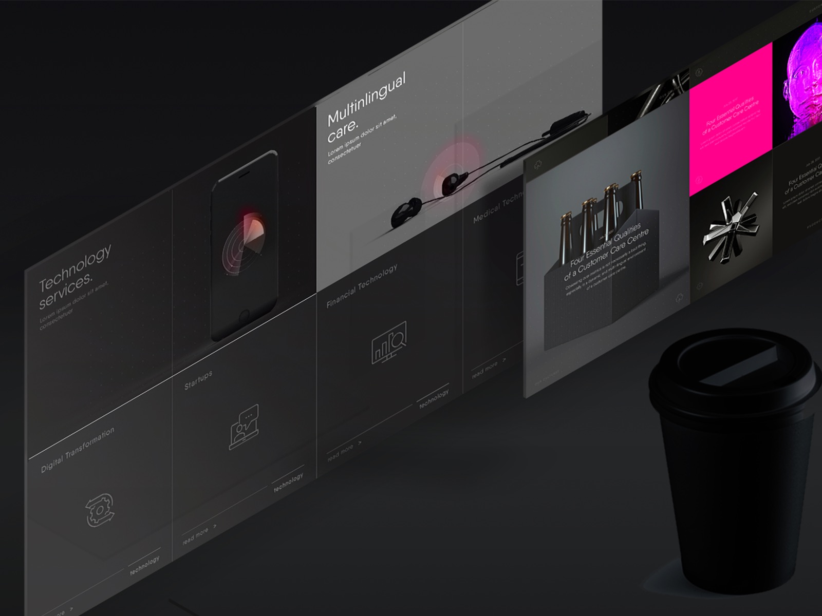Układ kilku ekranów z różnymi interfejsami stron internetowych prezentujących usługi technologiczne, medical tech, finanse i startupy, z kubkiem kawy w pierwszym planie.