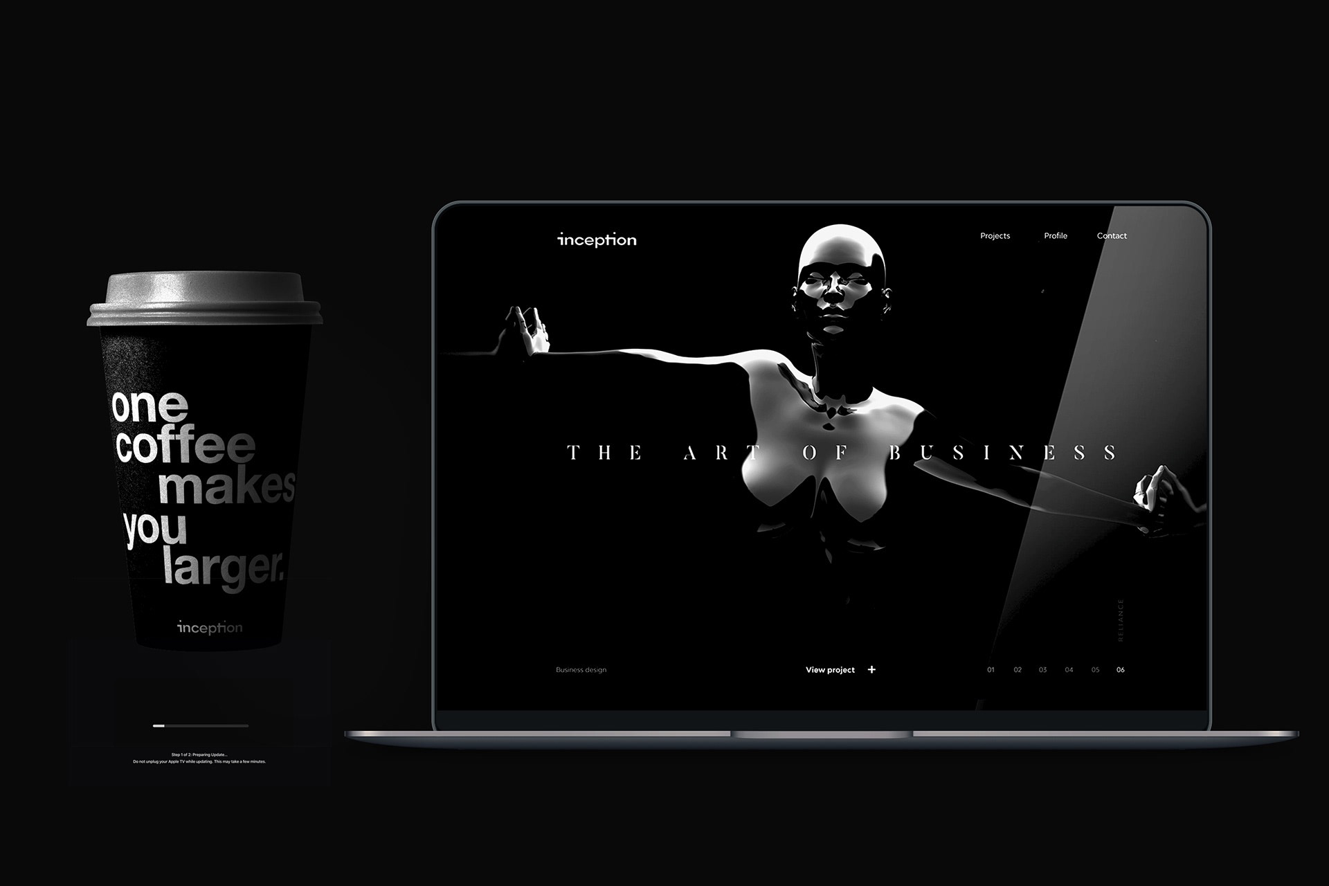 Monochromatyczna kompozycja przedstawiająca laptopa z wyświetloną stroną internetową o nazwie 'Inception', z abstrakcyjną grafiką kobiecej sylwetki, oraz kubek z napisem 'one coffee makes you...