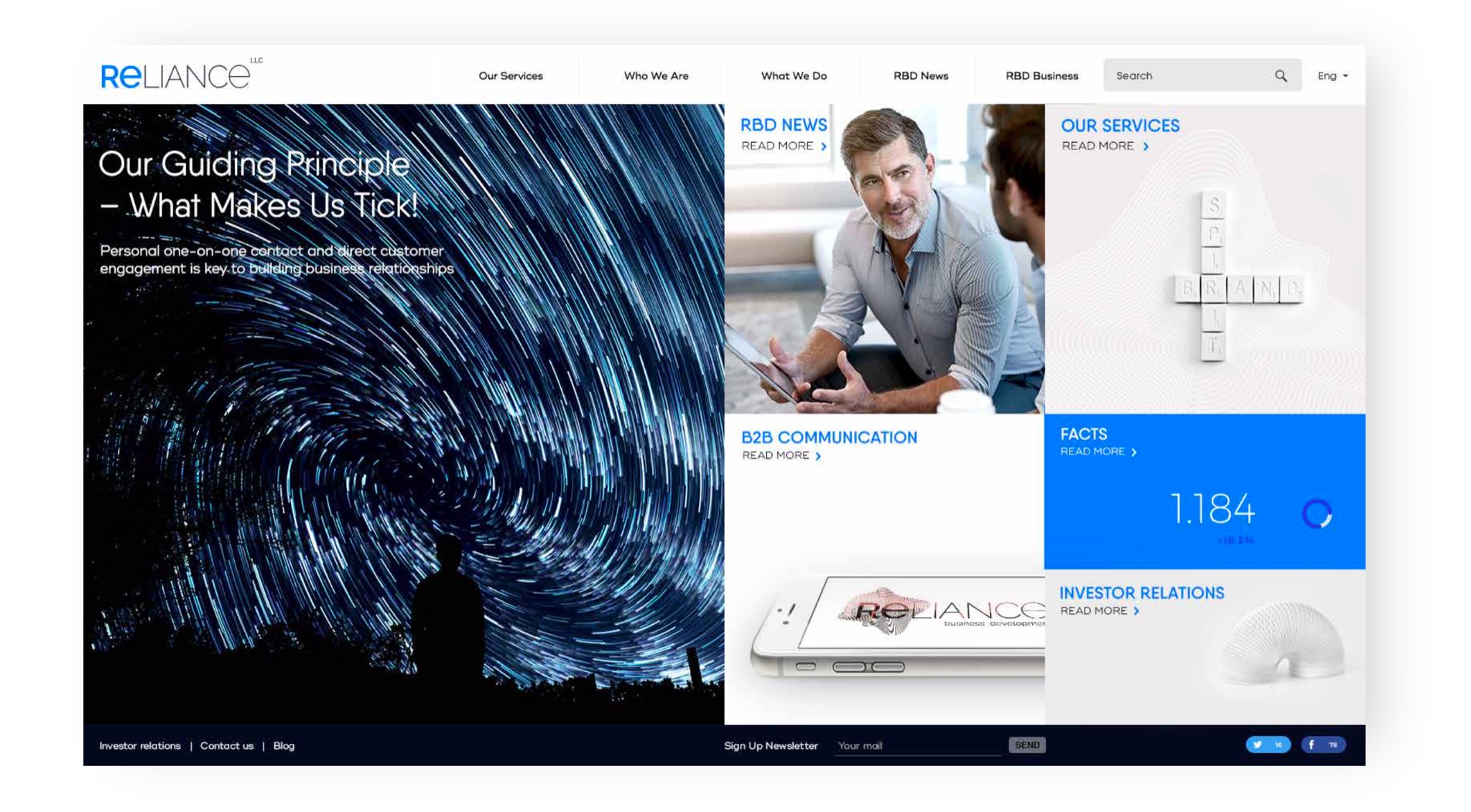 Kompozycja strony internetowej z motywem nocnego nieba i sylwetką osoby patrzącej w gwiazdy, obok zdjęcia biznesowego i elementów interfejsu użytkownika.
