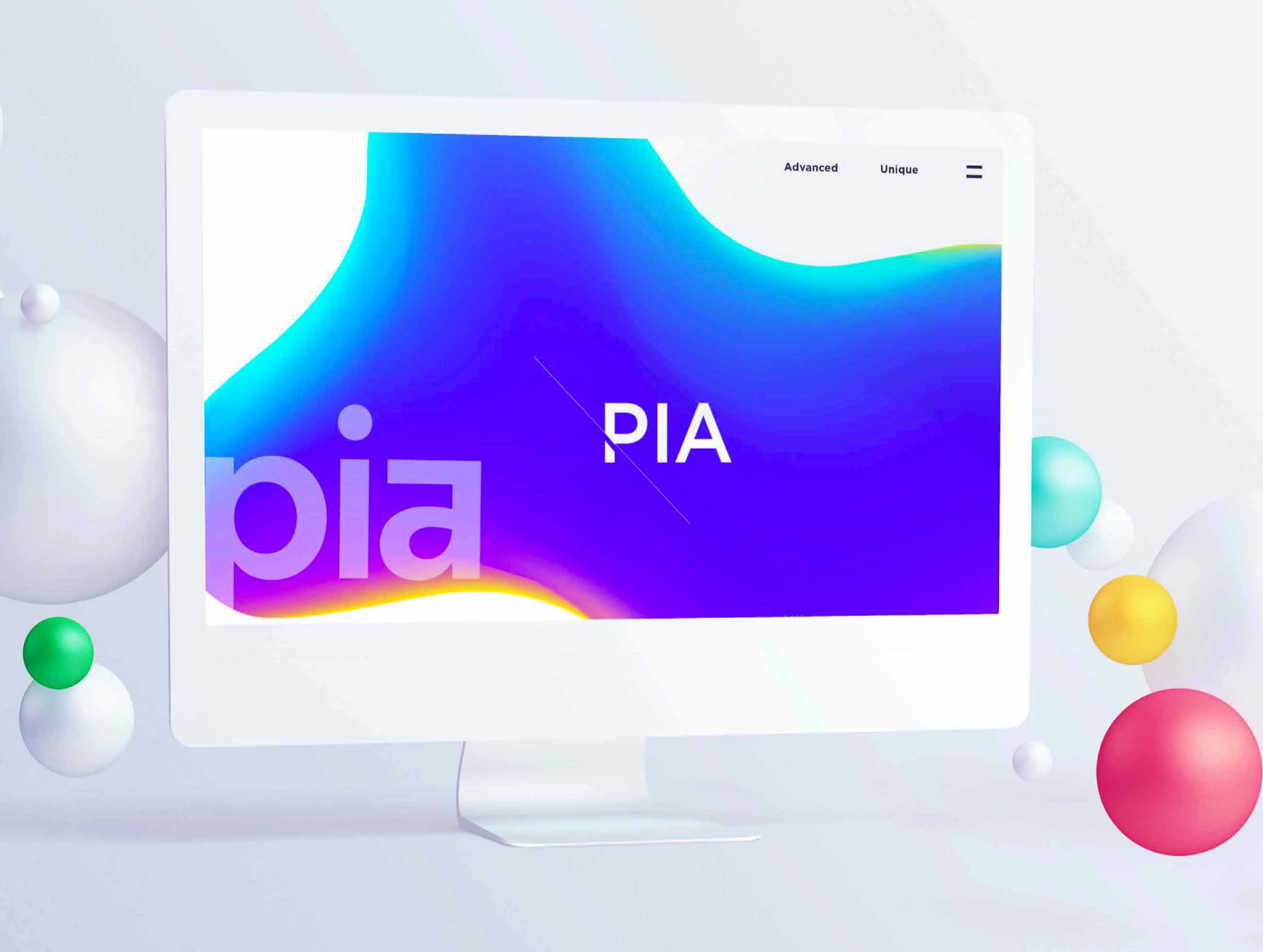 Monitor wyświetla nowoczesną stronę internetową z abstrakcyjnym tłem w odcieniach fioletu i błękitu oraz białym napisem 'PIA'; w tle dekoracyjne, kolorowe kule.