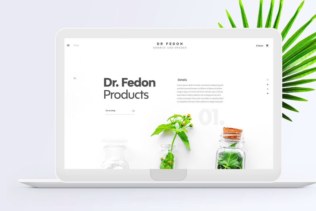 Ekran laptopa prezentuje minimalistyczny projekt strony internetowej sklepu z produktami marki Dr. Fedon, z elementami botanicznymi w tle i na stronie, sugerując naturalne składniki.