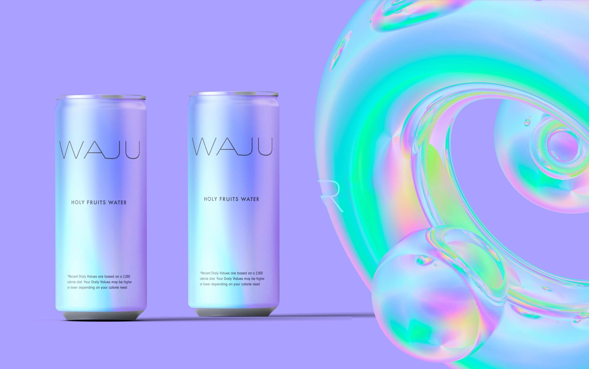 Dwie aluminiowe puszki z napojem 'WAJU Holy Fruits Water' na fioletowym tle z abstrakcyjną, opalizującą strukturą w tle. Puszki mają gradientowy kolor od fioletu do błękitu.
