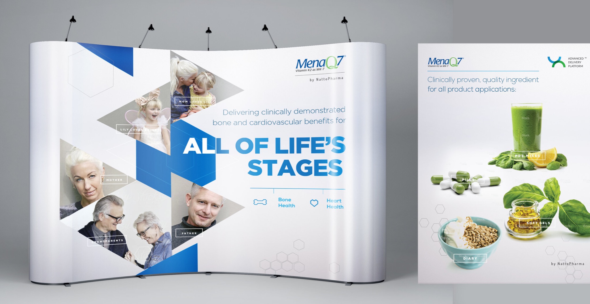 Baner reklamowy MenaQ7 z motywem rodziny i zdrowia, prezentujący witaminę K2 MK-7, z elementami graficznymi i zdjęciami różnych pokoleń.