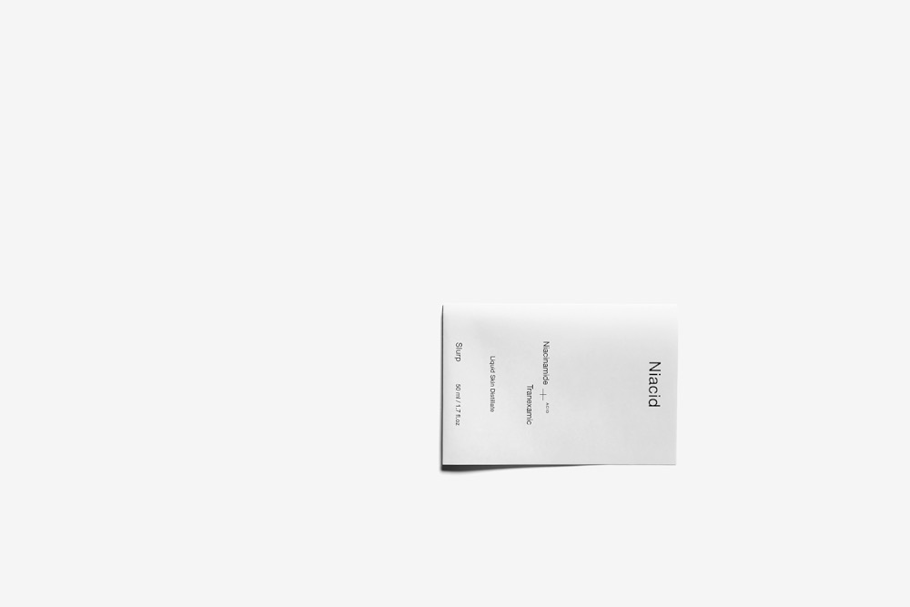 Minimalistyczna etykieta produktu kosmetycznego Niacid z informacjami o składnikach: Niacinamide i Tranexamic Acid, na białym tle.