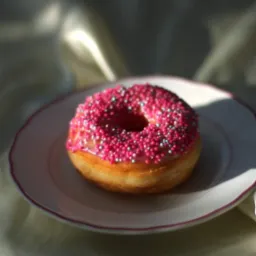 Pączek z różowym lukrem i posypką z drobnych, kolorowych kuleczek, leżący na białym talerzyku z delikatnym różowym obramowaniem, oświetlony miękkim światłem padającym z góry.