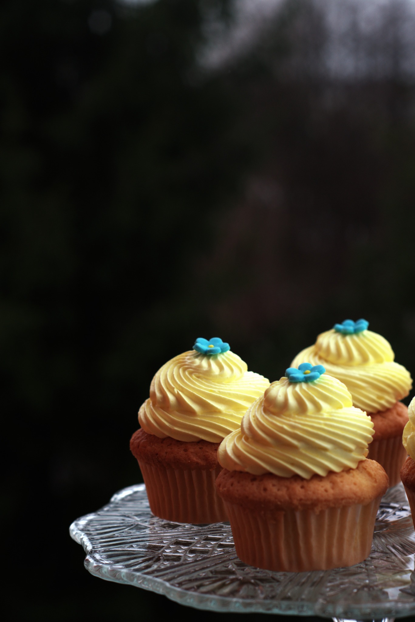 Trzy babeczki z żółtym kremem i niebieskimi kwiatkami na szklanym paterze, z ciemnym, rozmytym tłem.