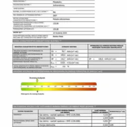 Skan świadectwa charakterystyki energetycznej budynku mieszkalnego jednorodzinnego, zawierający dane dotyczące zużycia energii, wskaźniki energetyczne i datę ważności dokumentu.