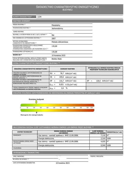Skan świadectwa charakterystyki energetycznej budynku mieszkalnego jednorodzinnego, zawierający dane dotyczące zużycia energii, wskaźniki energetyczne i datę ważności dokumentu.