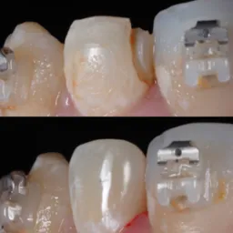 Zbliżenie na zęby z założonymi zamkami ortodontycznymi, widoczne szczegóły mocowania i powierzchnia szkliwa.