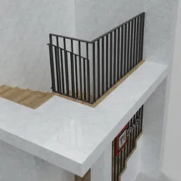 Wizualizacja 3D fragmentu schodów z drewnianymi stopniami i czarną, metalową balustradą z pionowymi prętami, widok z góry na jasnym tle z teksturą, z logo firmy na balustradzie poniżej.