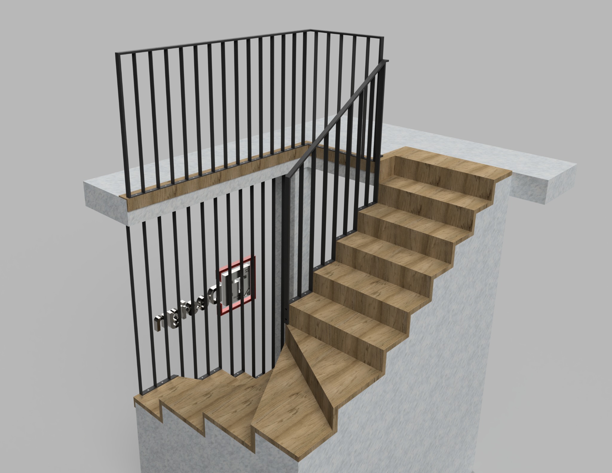Wizualizacja schodów drewnianych z czarną, metalową balustradą, widoczne detale mocowania poręczy i pionowych elementów, tło szare.