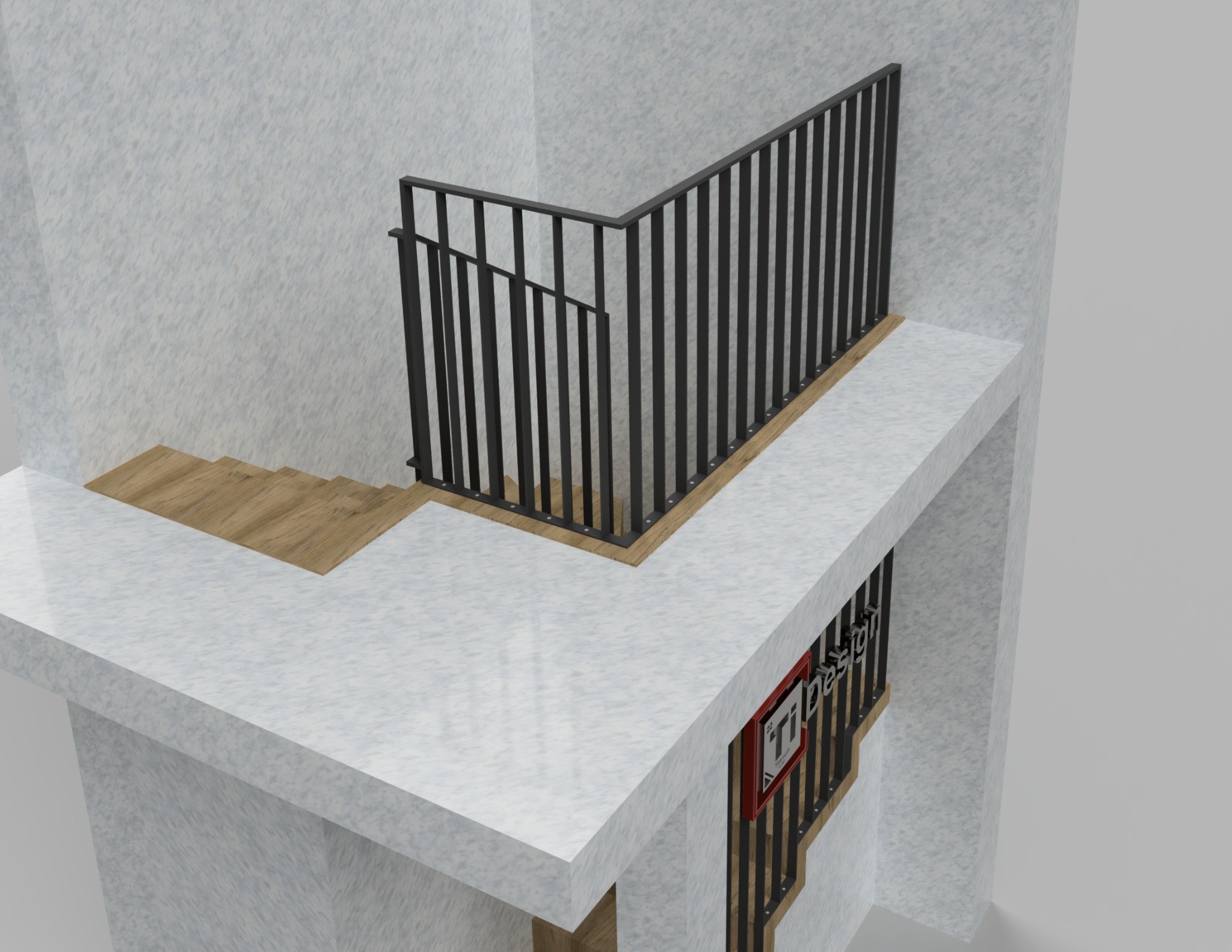 Wizualizacja 3D fragmentu schodów z drewnianymi stopniami i czarną, metalową balustradą z pionowymi prętami, widok z góry na jasnym tle z teksturą, z logo firmy na balustradzie poniżej.