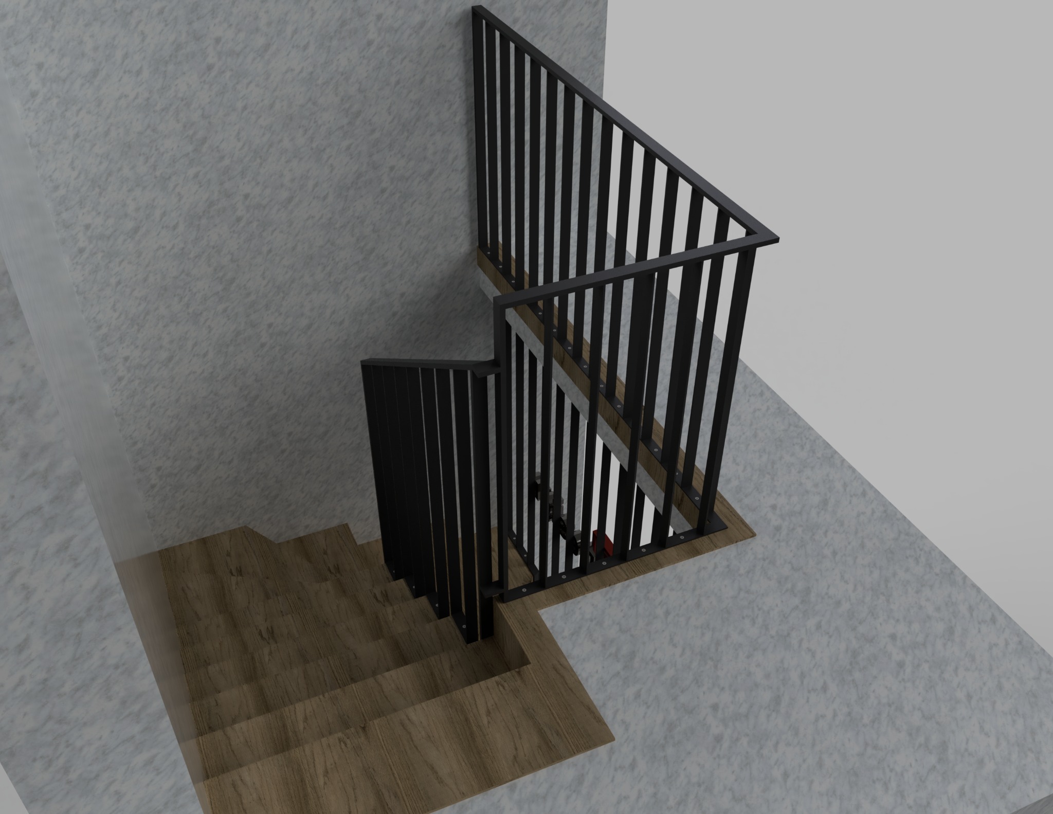 Wizualizacja schodów z drewnianymi stopniami i czarną, metalową balustradą z pionowymi szczeblami, widok z góry na betonowe ściany.