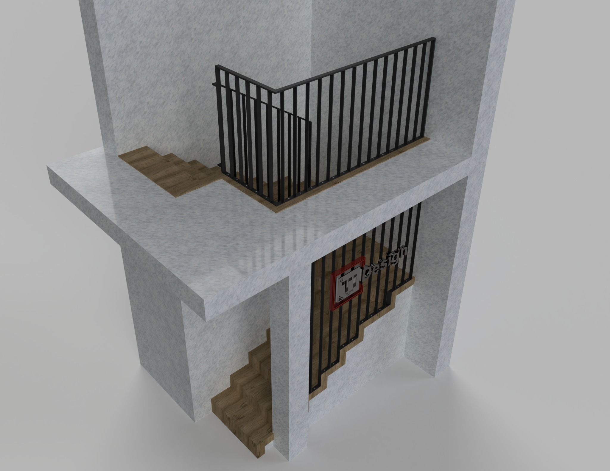 Wizualizacja schodów w dwukondygnacyjnym budynku z betonową konstrukcją i drewnianymi stopniami, zabezpieczonych czarnymi, metalowymi balustradami. Na środkowym poziomie widoczny znak firmowy.