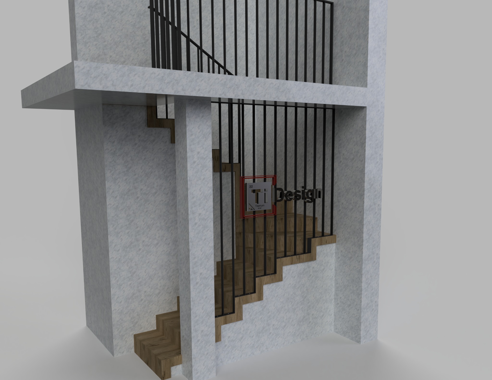 Wizualizacja schodów drewnianych z czarną balustradą w Wieliczce, z logo firmy projektującej na środku. Widoczne elementy konstrukcyjne i wykończeniowe.