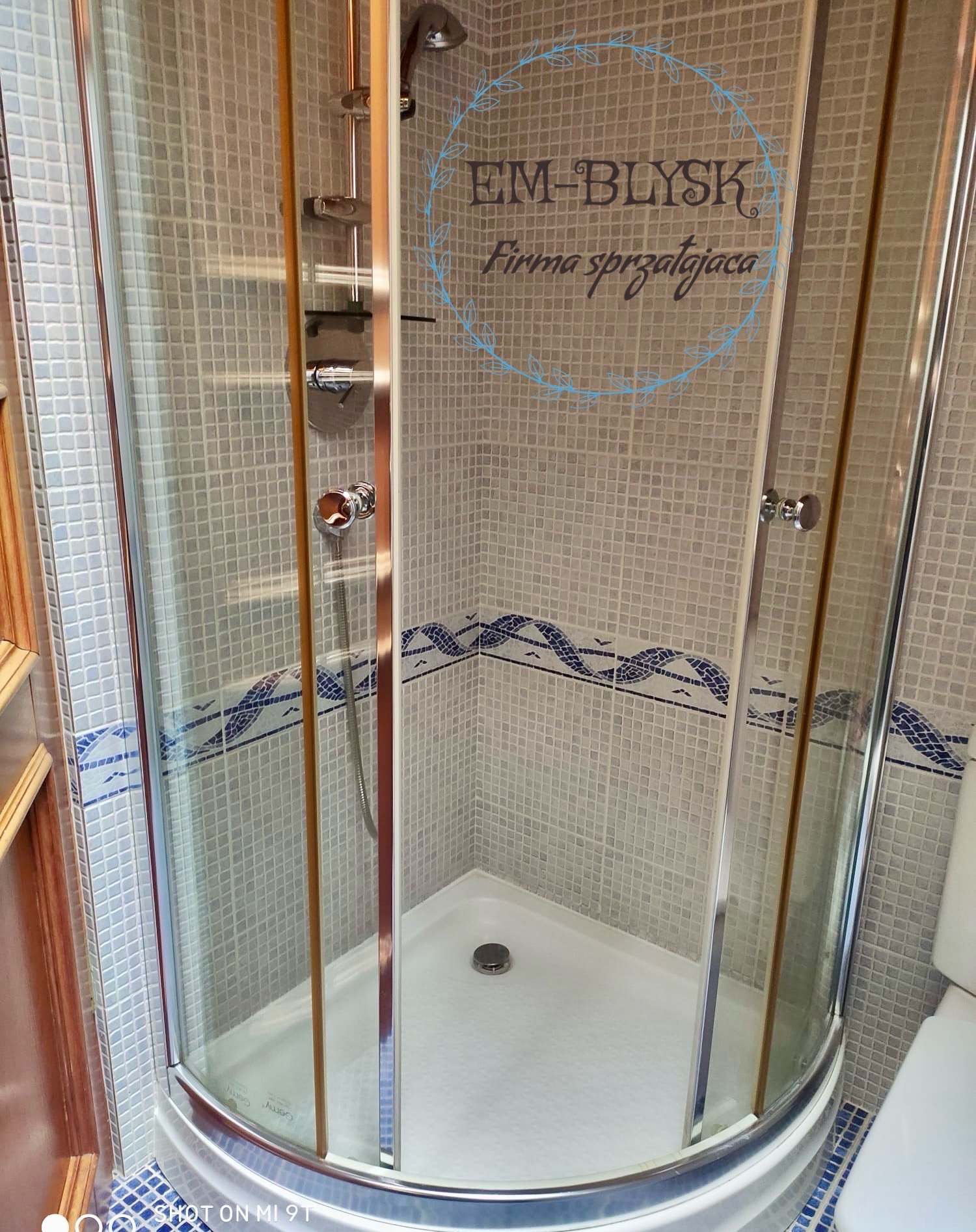 Wnętrze kabiny prysznicowej z mozaiką na ścianach, widoczne logo firmy sprzątającej naniesione cyfrowo na zdjęcie.