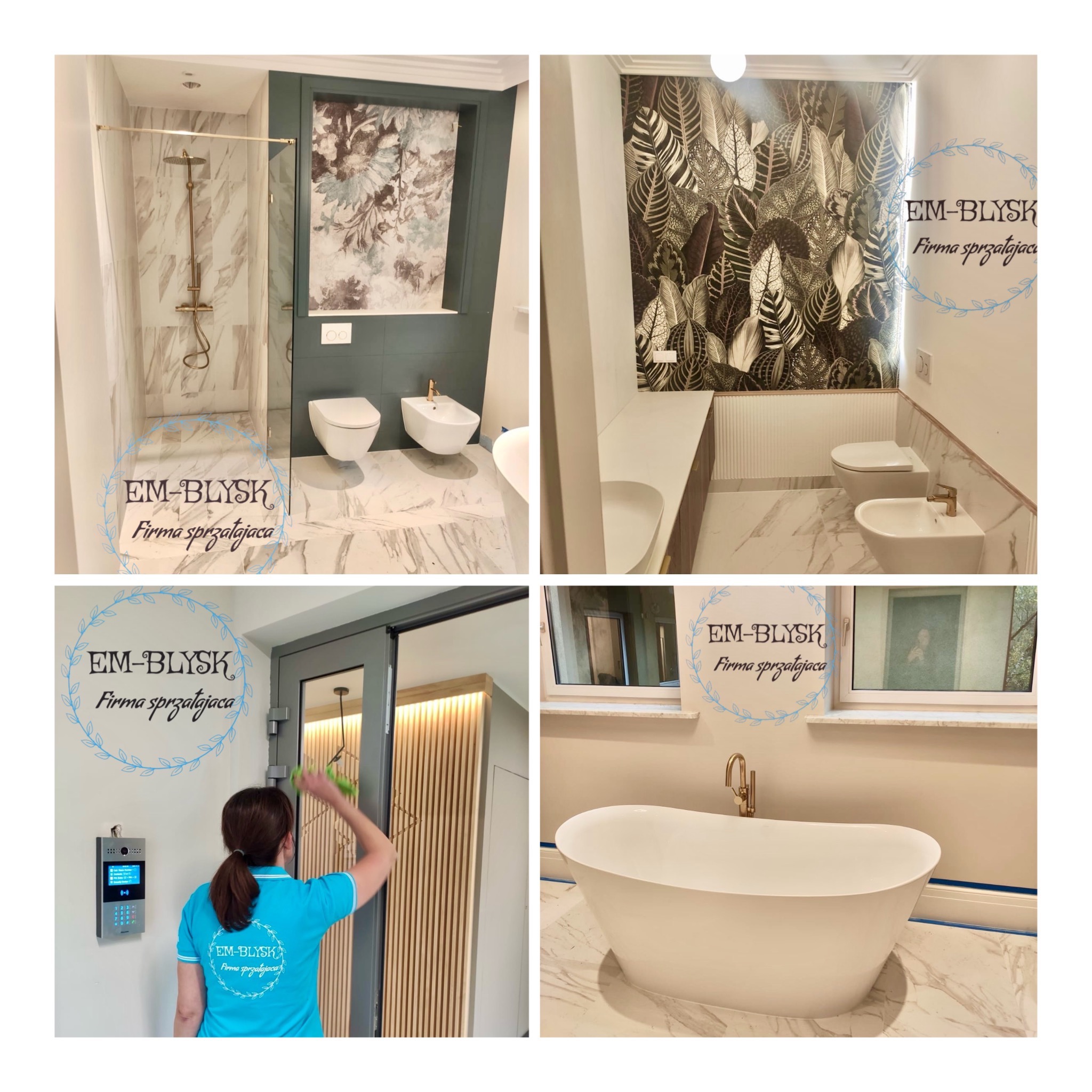 Cztery kadry z łazienek po sprzątaniu: kabina prysznicowa z marmurowymi płytkami, toaleta z bidetem na tle tapety w liście, kobieta w turkusowej koszulce czyszcząca panel domofonu, wolnostojąca...