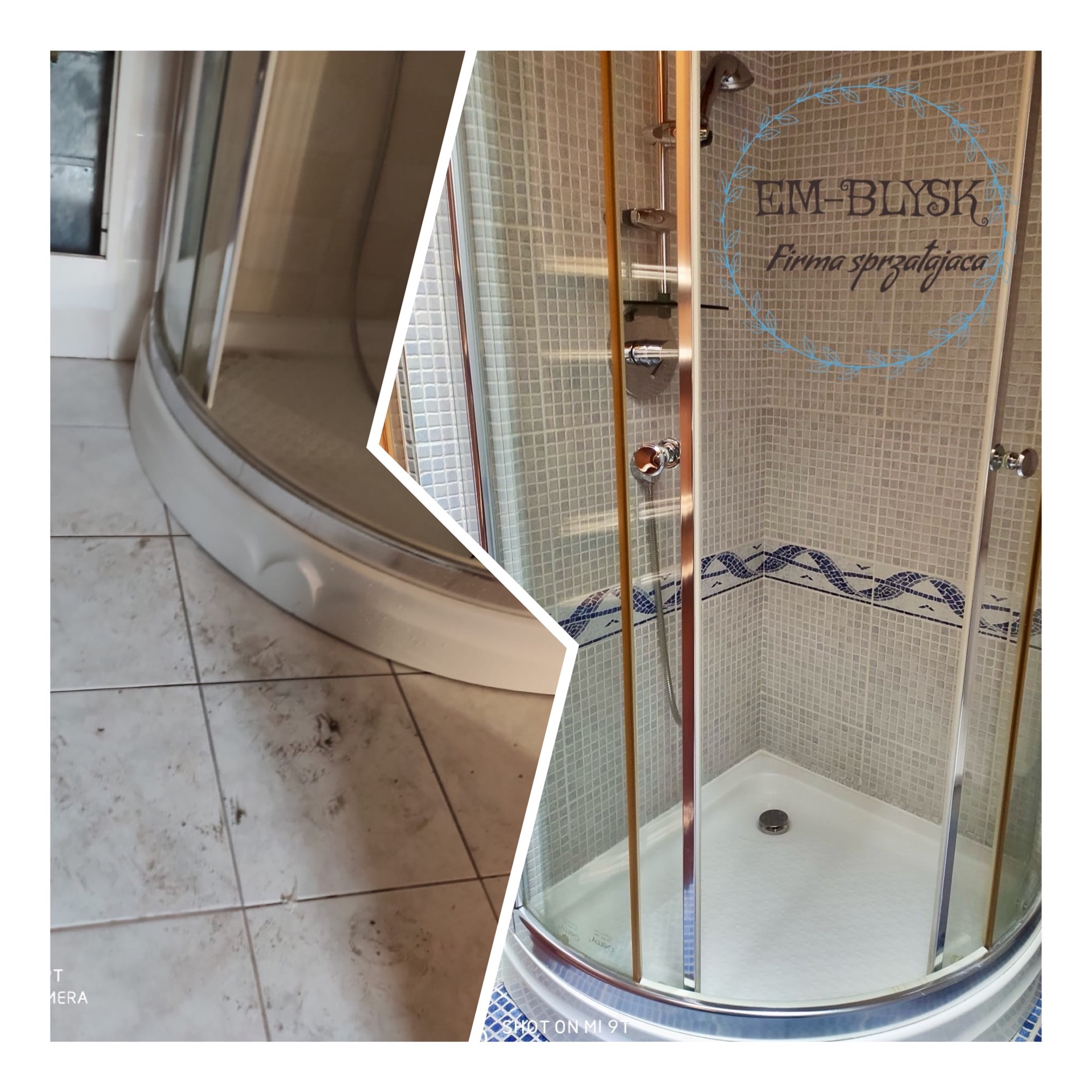 Porównanie stanu kabiny prysznicowej i podłogi przed i po czyszczeniu. Lewa strona: zabrudzona podłoga i dolna część kabiny. Prawa strona: czysta kabina z logo firmy sprzątającej EM-BŁYSK...