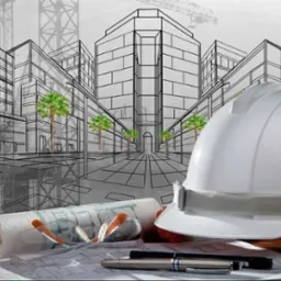 Plan architektoniczny, biały kask budowlany, okulary i długopisy na tle szkicu budynku z palmami i dźwigami.