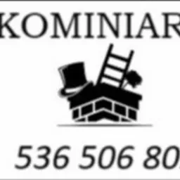 Wizytówka kominiarza z Łodzi z numerem telefonu i graficznym symbolem: cylinder, drabina kominiarska i komin.