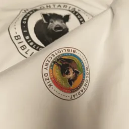 Biała koszulka z nadrukiem logotypu 'Biblioteka i Gminny Ośrodek Kultury' z motywem dzika, widoczne dwa różne warianty logotypu.