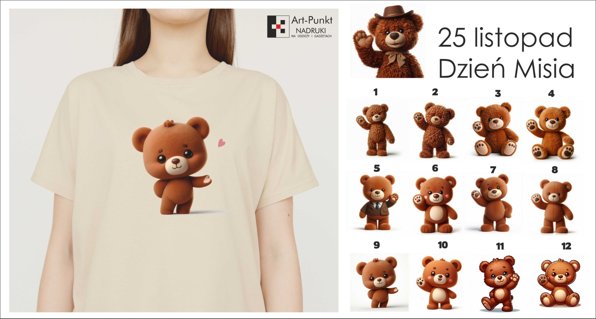 Jasna koszulka z nadrukiem uroczego, brązowego misia w stylu kreskówkowym, obok grafika z wieloma podobnymi misiami i logo firmy nadrukującej odzież.