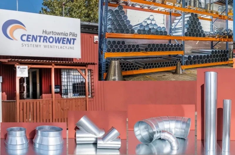 Hurtownia Piła CENTROWENT Systemy Wentylacyjne, magazyn z rurami wentylacyjnymi na regałach oraz różne kształtki wentylacyjne na metalowej powierzchni.