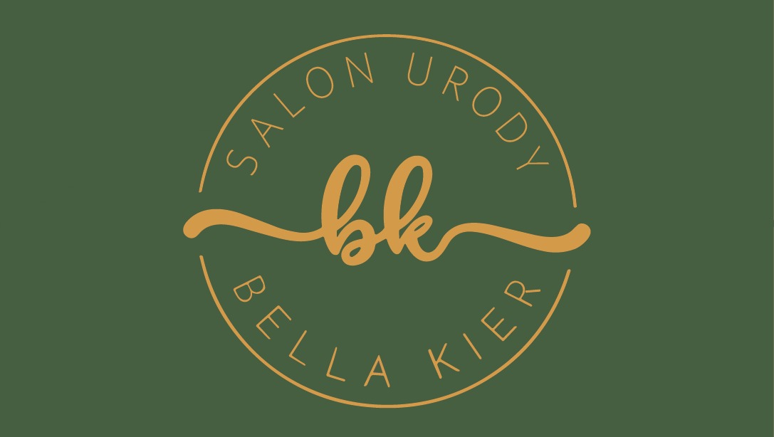 Logo salonu urody Bella Kier z inicjałami 'bk' w okręgu na ciemnozielonym tle.