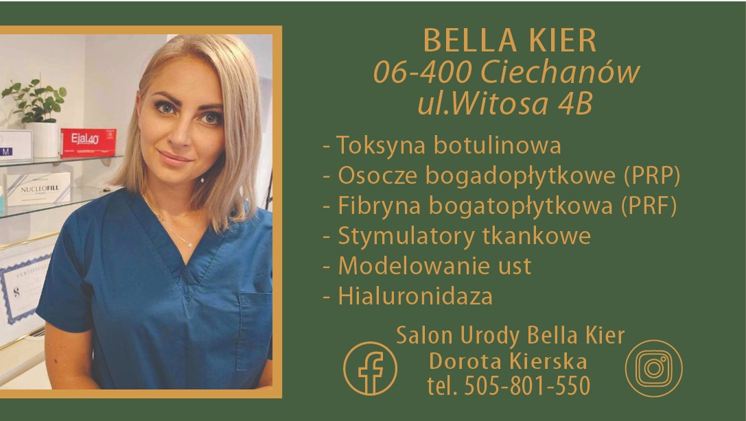 Portret blondynki w niebieskim uniformie medycznym na tle gabinetu z preparatami Ejal 40 i Nucleofill oraz listą usług salonu Bella Kier.