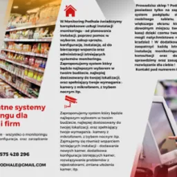 Kamera monitoringu przemysłowego zamontowana na ścianie sklepu, widok na regały z towarem, oraz zbliżenie na rękę dotykającą ekranu monitora systemu kasowego.