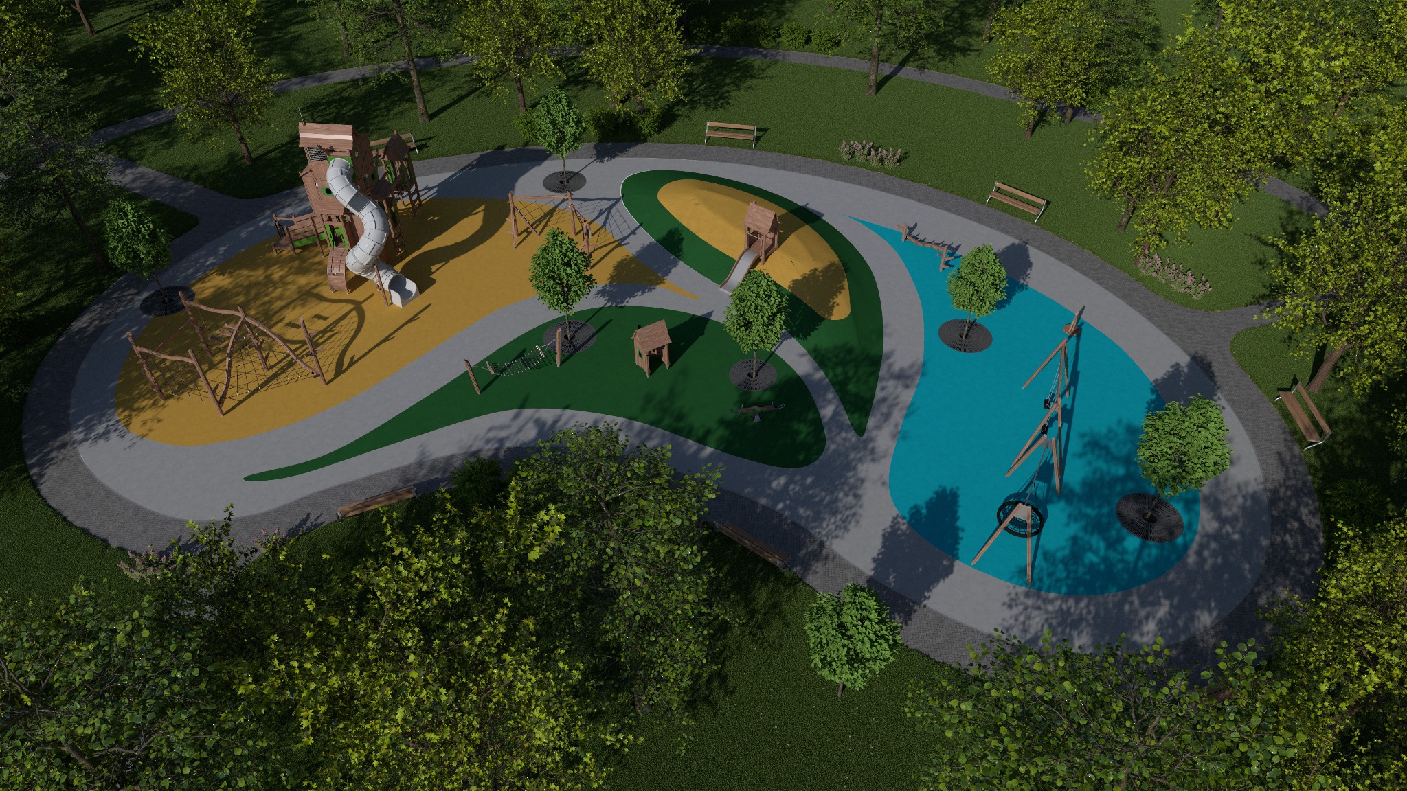 Wizualizacja z lotu ptaka kolorowego placu zabaw z różnymi atrakcjami, wkomponowanego w otoczenie zieleni parkowej z ławkami.