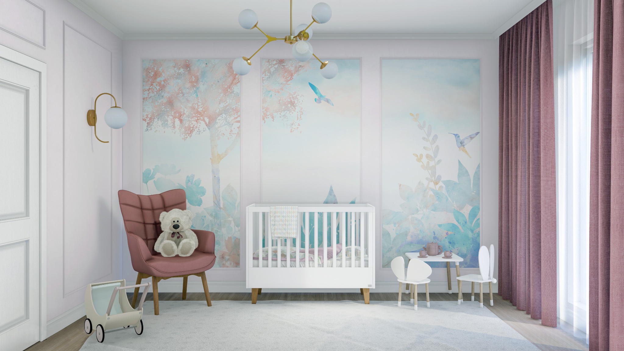 Jasny pokój dziecięcy z białym łóżeczkiem, różowym fotelem z pluszowym misiem, ścianą z motywem akwarelowych drzew i ptaków, złotą lampą sufitową i małym stolikiem z krzesełkami w kształcie króliczków